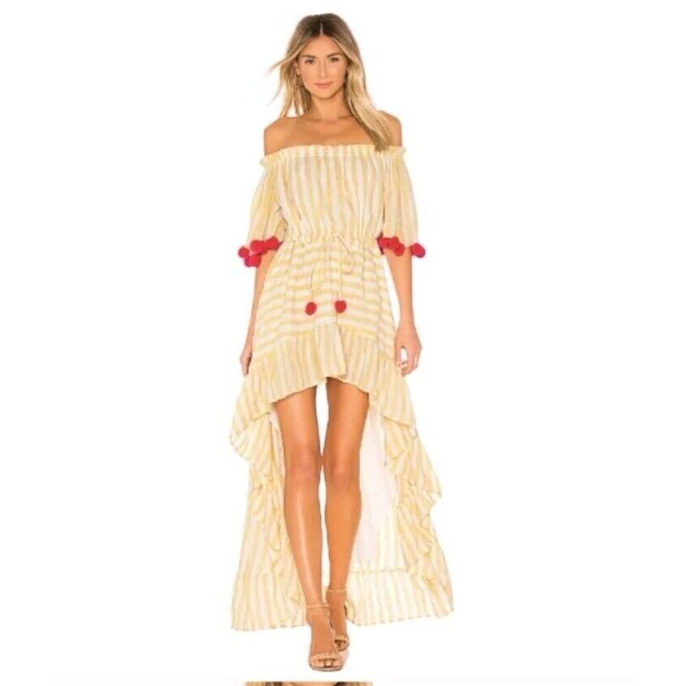 Revolve Sundress Alena High Low Off Shoulder Dress Yellow Stripe Pom Pom M/L
